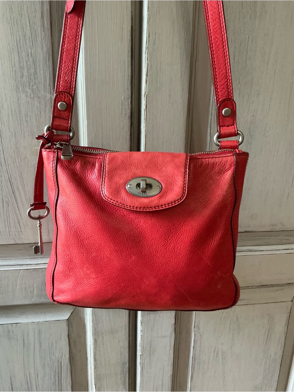 Fossil Red Leather Turnlock Crossbody Bag
